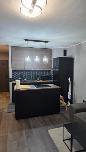 a kitchen with a black island in a living room at WaldLoft in Todtmoos