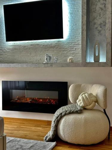 a living room with a tv above a fireplace at Fruške 202 studio apartman in Vrdnik