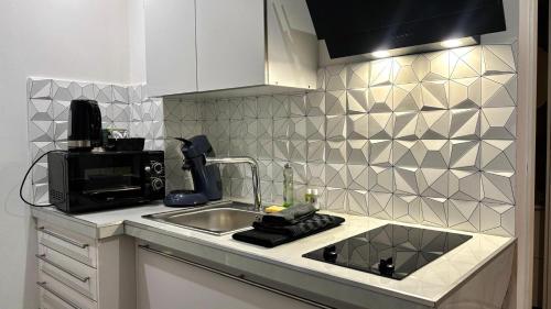 een keuken met een spoelbak en een magnetron bij Appartement t1 aiguebelle in Randens