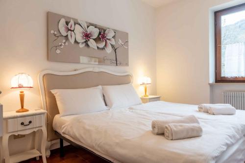 a bedroom with a large white bed with two lamps at Apartments in Pieve di Ledro - Ledrosee 22645 in Ledro