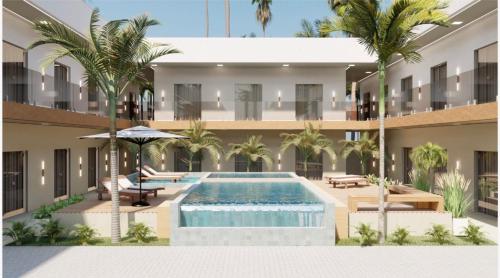 eine Außenansicht eines Gebäudes mit einem Swimmingpool in der Unterkunft Flat em Barra Grande com piscina in Barra Grande