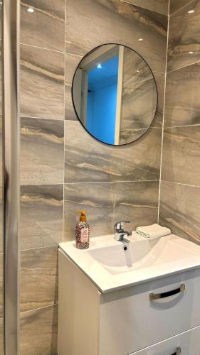 a bathroom with a sink and a mirror at Charmant studio avec terrasse in Aiguebelle