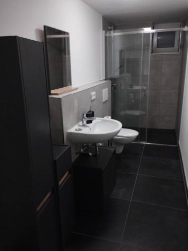 a bathroom with a sink and a shower at Möblierte Zimmer in privater Wohnung in Köln Heimersdorf in Cologne