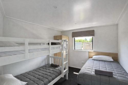 Un dormitorio con dos literas y una ventana. en Havelock North Holiday Park, en Havelock North