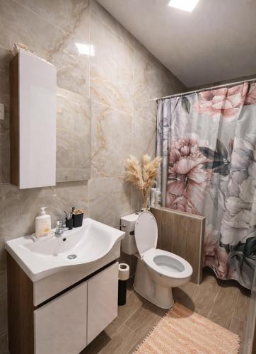 a bathroom with a toilet and a sink and a shower curtain at Garden Lux Grujić Apartmani in Krivi Vir