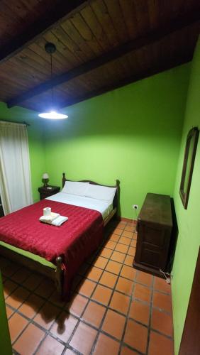 een slaapkamer met een bed en een groene muur bij Posada del Sol in Ituzaingó