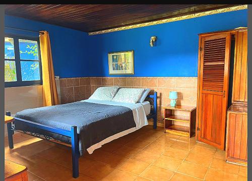 una camera da letto con un letto in una stanza blu di La Lune Topaz a Boquete