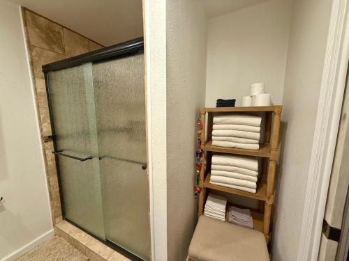 ein Bad mit einer Dusche und einem Handtuchhalter in der Unterkunft Canyon Lake House with Lake View in Canyon Lake