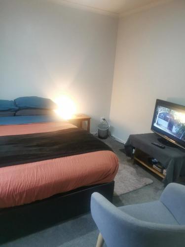 a bedroom with a bed and a television and a chair at House On The Hill in Hamilton