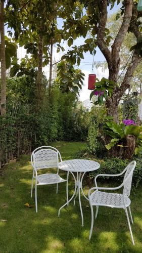 two chairs and a table in a yard with a tree at C-HILL@KHAOKHO in Khao Kho