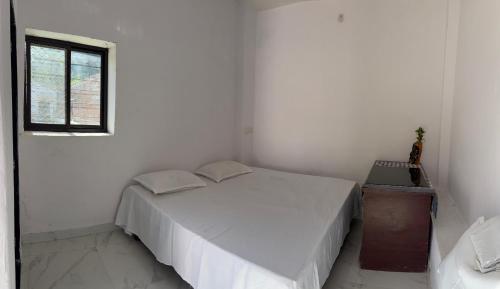 Una habitación blanca con una cama y una ventana en The Ummed Palace, en Udaipur