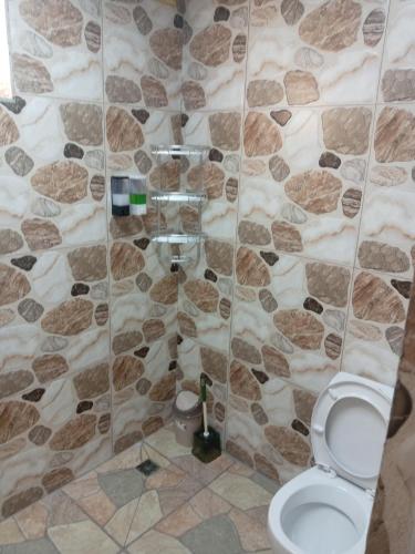 a bathroom with a toilet and a stone wall at Nadir ailevi hotel in Çǝtgün