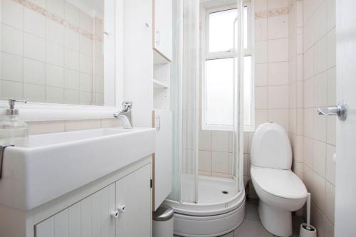 a white bathroom with a toilet and a sink at Sem Apartments in Reykjavík