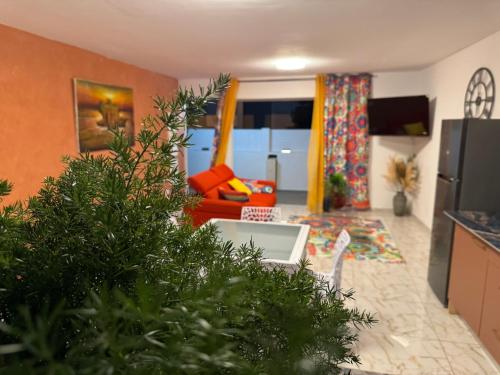 een woonkamer met een bank en een laptop. bij Aqua longe Saint-François in Saint-François