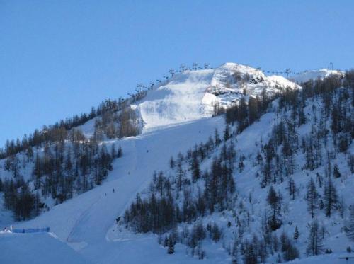 a snow covered mountain with trees on top of it at Santa Elisabetta Apartment in Caspoggio