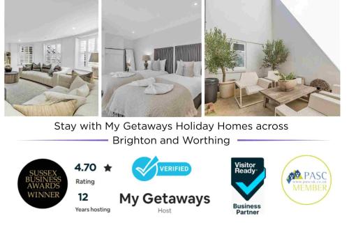 a collage of three pictures of a bedroom and a living room at Central Snug with Patio By My Getaways in Worthing