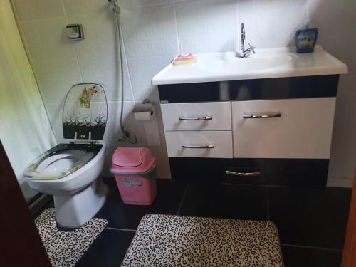 a small bathroom with a sink and a toilet at Quarto privativo em Araruama in Araruama