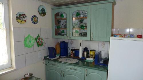 eine Küche mit grünen Schränken und einer Arbeitsplatte in der Unterkunft Bungalow am Küstrinsee bei Lychen in Lychen