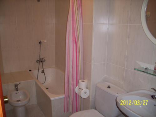 a bathroom with a pink shower curtain and a toilet at Hotel Noray in San Vicente de la Barquera