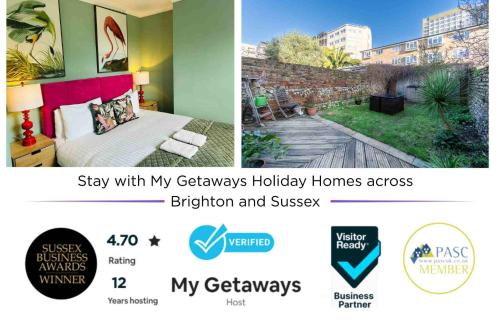 a screenshot of a website with a bedroom and a garden at Dorset Green Two By My Getaways in Brighton & Hove