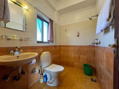 a bathroom with a toilet and a sink at Tise Hotel in Kathmandu