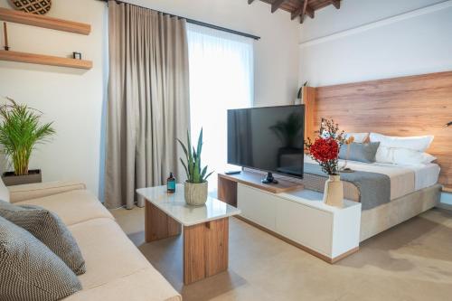 uma sala de estar com uma cama e uma televisão em EPTA Houses em Marmari