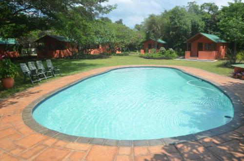 a large blue pool with chairs in a yard at Bushbaby Lodge & Camping in Hluhluwe