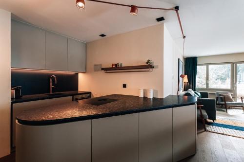 una cucina con un lavello e un piano di lavoro di Casa Partnun 4-3 a Laax-Murschetg