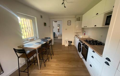 een keuken met een tafel, wat stoelen en een aanrecht bij Le Jardin de Phanie, le calme de la campagne en ville in Metz