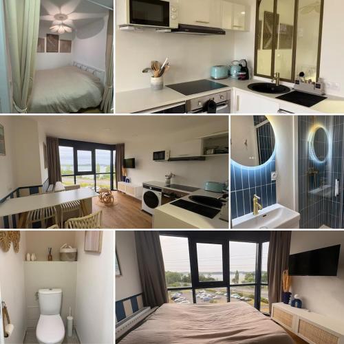 a collage of photos of a bathroom and a bedroom at Soeli Emeraude in La Richardais