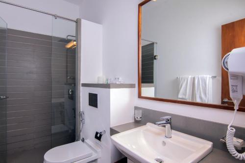 a bathroom with a sink and a toilet and a mirror at Victoria Golf Resort in Digana