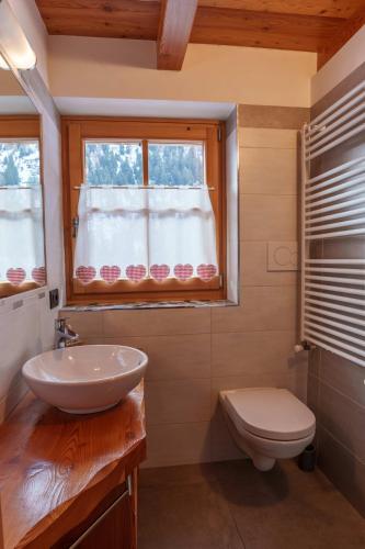 a bathroom with a sink and a toilet and a window at Chalet Canedi - Maso dei Cuori in Peio Fonti