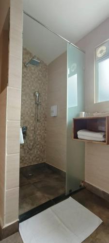 a bathroom with a shower with a glass door at Namir Jungle Retreat Formerly Orchids Jungle Camp in Chandrapur