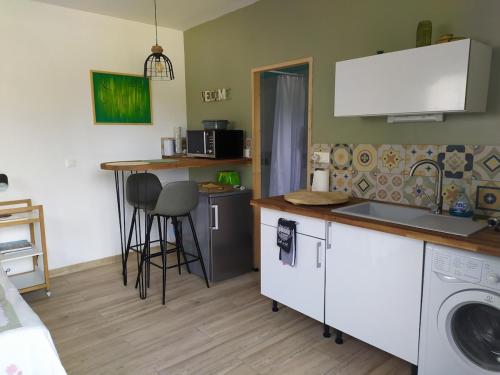 een keuken met een spoelbak en een wasmachine bij Studio terrasse au calme près de Narbonne in Narbonne