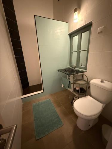 a bathroom with a toilet and a sink and a mirror at Summer Haze Ericeira in Ericeira