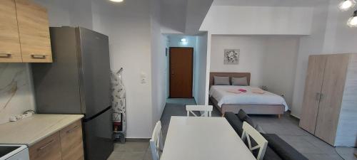 ein kleines Zimmer mit einem Bett und einer Küche in der Unterkunft Helios nest in Artemida
