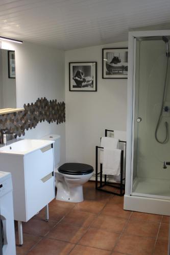 ein Badezimmer mit Toilette, Waschbecken und Dusche in der Unterkunft La petite maison in Cuxac-Cabardès