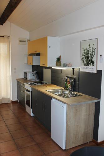 una cucina con un lavello e un piano di lavoro di La petite maison a Cuxac-Cabardès