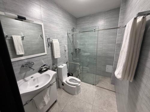 een badkamer met een douche, een toilet en een wastafel bij Rauza Hotel Tashkent in Tasjkent