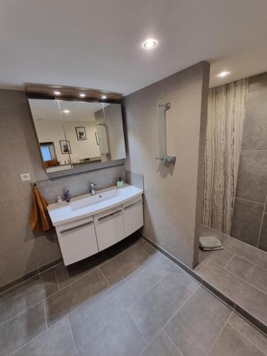 een badkamer met een wastafel en een douche bij Schnuckelige Wohnung in Marl