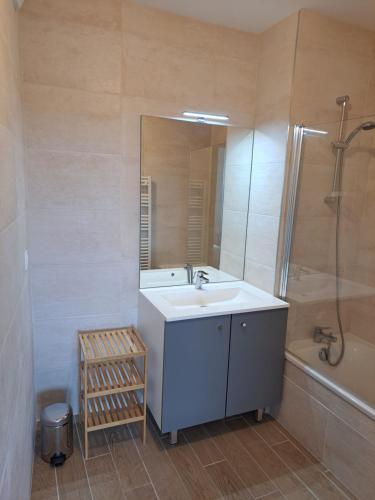 ein Badezimmer mit einem weißen Waschbecken und einer Dusche in der Unterkunft Iconic 343 , Superbe T2 climatisé, wifi, parking, terrasse 18m2 in Cap d'Agde