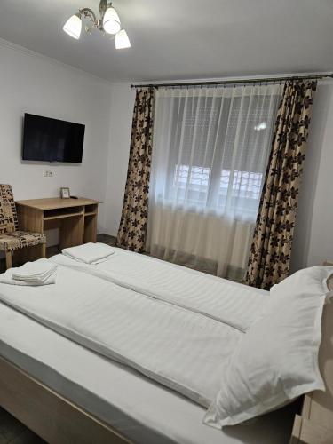 a bedroom with a large bed with a window at Casa Giulia in Jimbolia