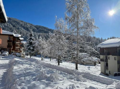 eine schneebedeckte Straße mit Bäumen und Gebäuden in der Unterkunft Le Landry - 115m2 Label 5 Cimes - Pistes à 3min chemin piéton - Borne VE in Lanslevillard