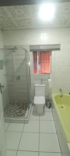 a bathroom with a shower and a toilet and a tub at Lifegate Guesthouse in Johannesburg