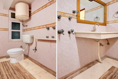 - deux photos d'une salle de bains avec toilettes et lavabo dans l'établissement 4Everstay Grand Luxury Sambhala Premium Rooms Free Parking & Wifi !!! Top Rated & Best Selling Hotel In Manali, à Manali