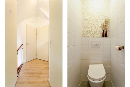 two images of a bathroom with a toilet and a hallway at Boshuis 40 in Epe