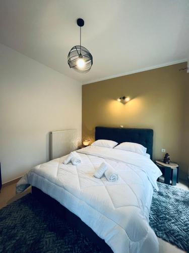 een slaapkamer met een groot wit bed met handdoeken erop bij Onar apartments in Kalavrita
