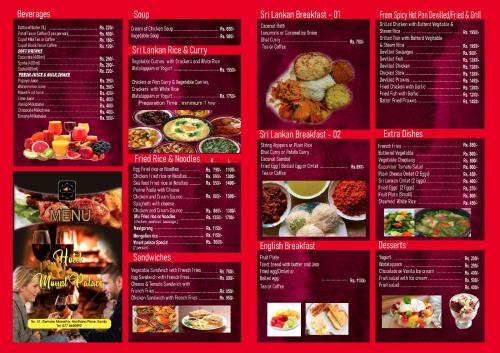 eine Seite aus der Speisekarte eines Restaurants in der Unterkunft Mount Palace in Kandy