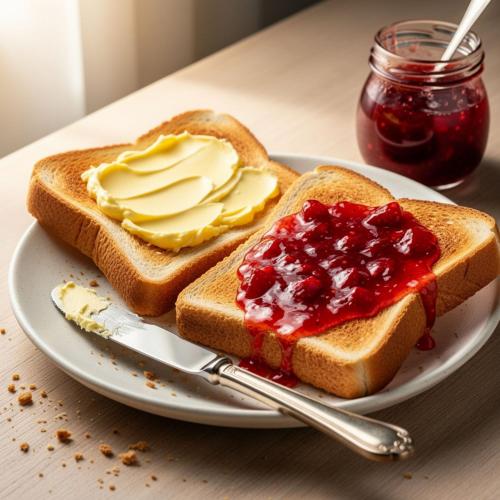 een bord met twee sneetjes brood met jam en boter bij 4Everstay Grand Luxury Sambhala Premium Rooms Free Parking & Wifi !!! Top Rated & Best Selling Hotel In Manali in Manāli