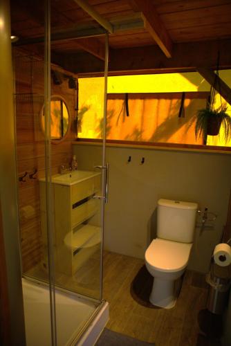 a bathroom with a toilet and a sink at Glampingtent de Saskerlei, de Woudhaven in De Woude